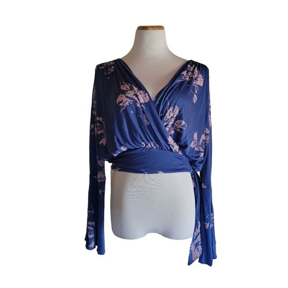FREE PEOPLE Fiona Wrap Top, Boho, Blue Cobalt, XSmall, Bell Long Sleeves - Picture 4 of 16
